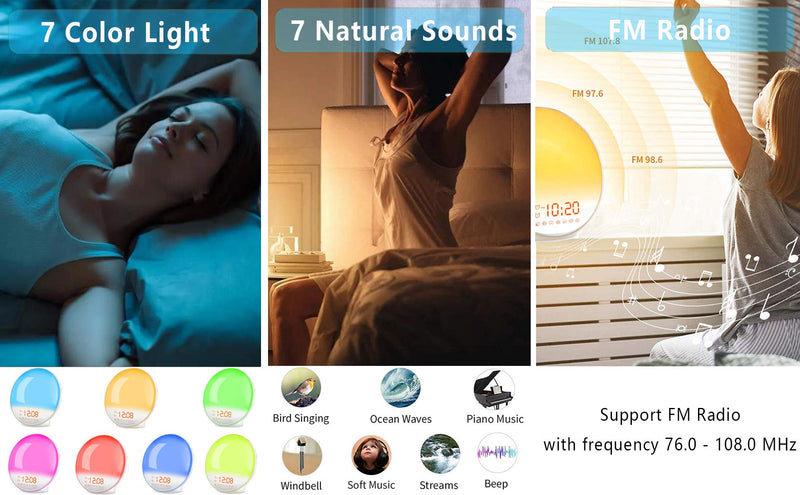 [Australia - AusPower] - Wake Up Light Sunrise Alarm Clock for Kids, Heavy Sleepers, Bedroom, with Sunrise Simulation, Sleep Aid, Dual Alarms, FM Radio, Snooze, Nightlight, Daylight, 7 Colors, 7 Natural Sounds, Ideal for Gift White 