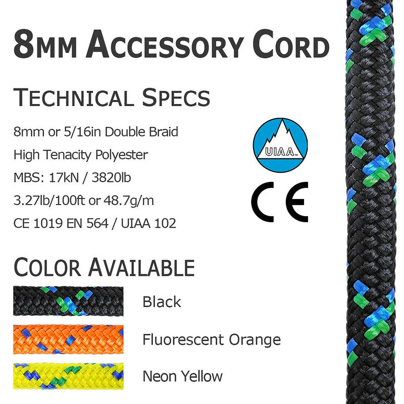 [Australia - AusPower] - GM CLIMBING 8mm (5/16in) Accessory Cord Rope Double Braid Pre Cut CE/UIAA Black 5/16in(dia.) x 20feet 