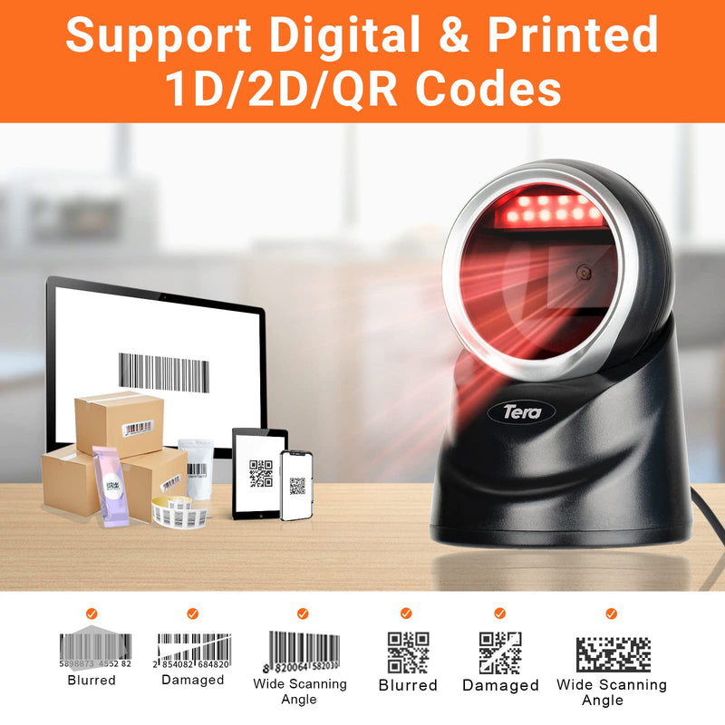 [Australia - AusPower] - Tera 2D QR Desktop Omnidirectional Barcode Scanner Hands-Free USB 2.0 Wired Bar Code Reader with Automatic Image Sensing Scanning Platform Scanner for POS Supermarket Retail Store Model 9100 (Black) Black 