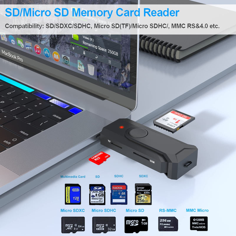 [Australia - AusPower] - USB C Smart Card Reader, CAC/DOD Military Multi Memory Card Reader Supports SD/Micro SD/SDHC/SDXC/MMC/TF and SIM Adapter/Writer, Compatible with Windows, Mac OS, Linux, Android 