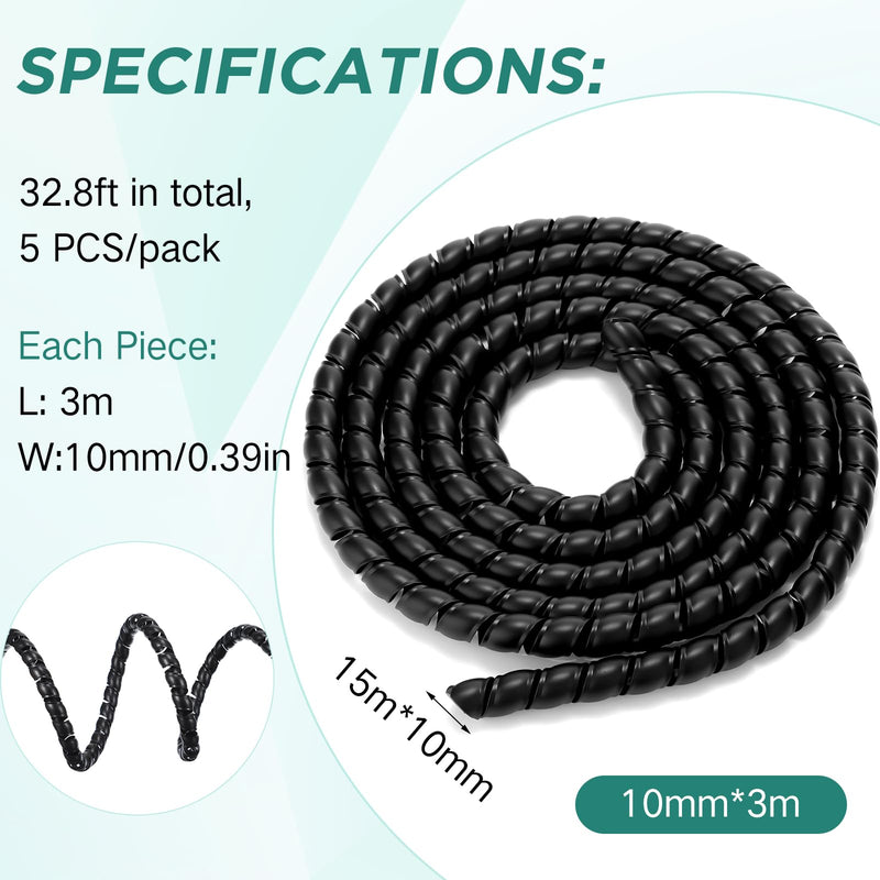 [Australia - AusPower] - 10 mm Dog and Cat Cord Protector Spiral Cable Wire Protector Sleeve Covers 5 Pcs/Pack for Cord to Protect Your Pets from Chewing Through Insulated Cables (Black,49.2 Ft) 49.2 Ft Black 