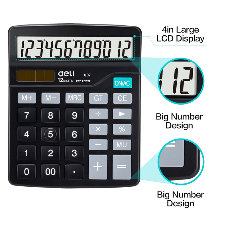 [Australia - AusPower] - Calculator, Deli Standard Function Desktop Calculators with 12 Digit Large LCD Display and Sensitive Button, Solar Battery Dual Power Office Calculator, Black 