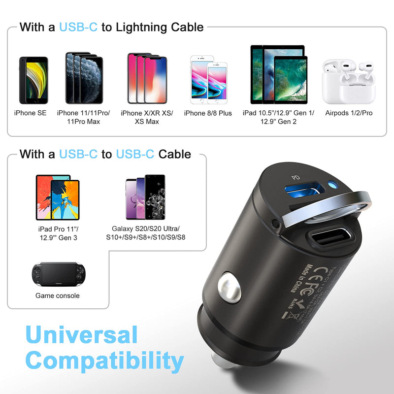 [Australia - AusPower] - USB C Car Charger, ABLEGRID 30W 2 Port Fast Car Charger Mini Dual PD/QC 3.0 All Metal Type C PD Car Charger Adapter for iPhone 12/11 Pro/Max/XS/XR/8/SE, Galaxy S20/S10, iPad Pro, Airpods, Pixel 3/2/XL 