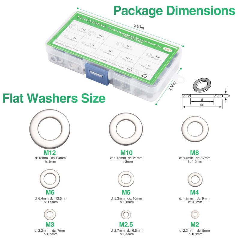 [Australia - AusPower] - 304 Stainless Steel Flat Washers Set 580 Pieces, 9 Sizes - M2 M2.5 M3 M4 M5 M6 M8 M10 M12 Suitable for Home Decoration, Factories Repair, Kitchens, Shops and Outdoor Construction 