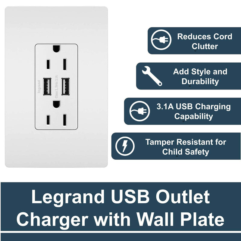 [Australia - AusPower] - Legrand - Pass & Seymour radiant Decorator Outlet with 3.1 Amp USB Charger, White, Comes with Wall Plate, TM826USBWPWCCV4 White with Wall Plate 