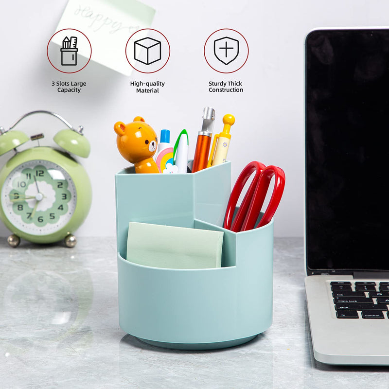 [Australia - AusPower] - Desk Pencil Pen Holder, 3 Slots 360-Degree Spinning Pencil Pen Desk Organizers, Desktop Storage Pen Organizers Stationery Supplies, Cute Pencil Cup Pot for Office, School, Art Supply, Kids - Blue 