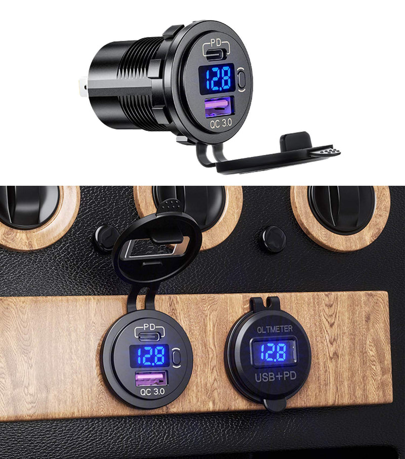 [Australia - AusPower] - USB C & USB A Dual Port Car Charger Socket with LED Voltmeter and ON/Off Switch 12v Outlet Waterproof with Cap 12V/24V for Car, Boat, Golf Cart, Bus, RV, Automotive Marine ATV Truck blue-led 