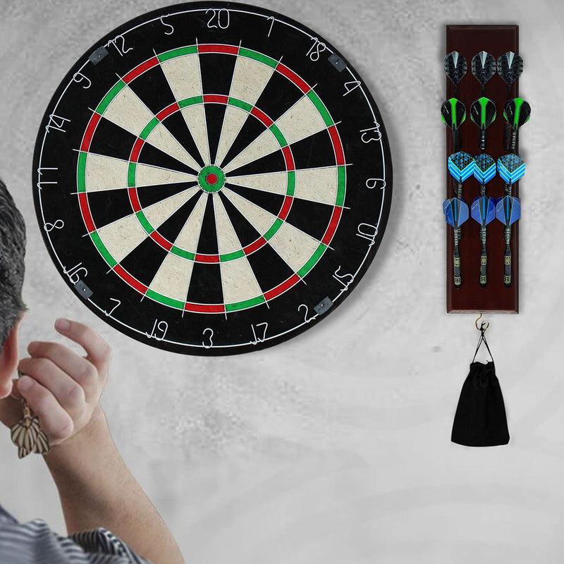 [Australia - AusPower] - Darts Caddy Wall Mounted Darts Holder/Stand/with Metal Hook, Accessory Storage Bag, Displays 12 Set of Steel/Soft Tip Darts Cherry Finished 