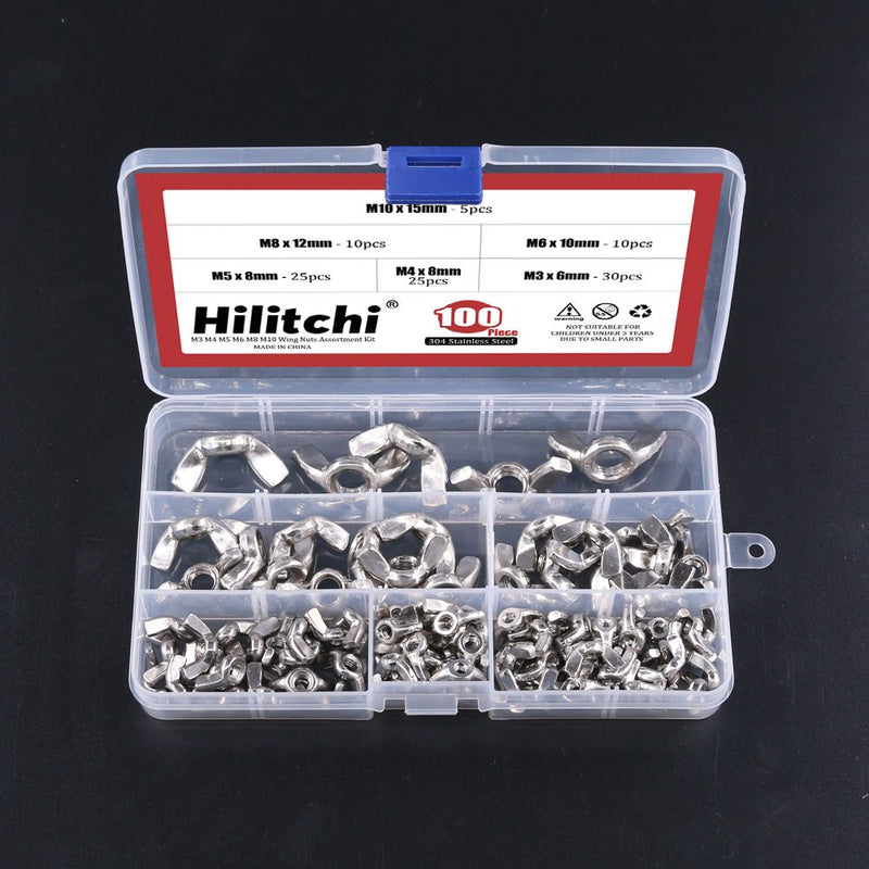 [Australia - AusPower] - Hilitchi 100-Pcs M3 M4 M5 M6 M8 M10 Wingnut Butterfly Wing Nuts Assortment Kit, 304 Stainless Steel 