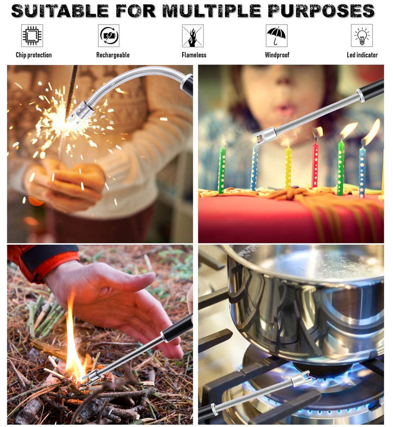 [Australia - AusPower] - TOMOLO Lighter, Rechargeable Candle Lighter Grill Lighter Electric Arc Lighter with Flexible Neck, LED Battery Display Safety Switch for Candle Camping Cooking BBQs Fireworks (Black&Silver, Pack of 2) 