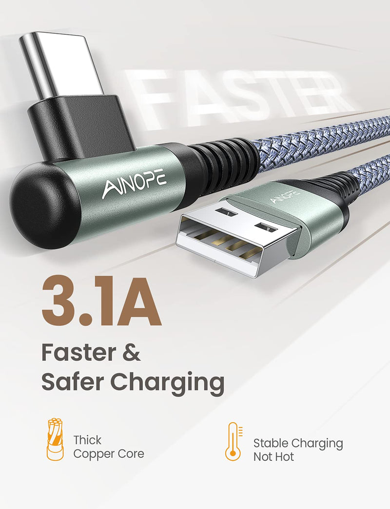 [Australia - AusPower] - AINOPE USB C Charging Cable (3-Pack, 3.3ft/6.6ft/10ft) 3.1A Fast Charging Right Angle USB Type C Cable, Durable Nylon Braided USB Cable Compatible Galaxy S10 S9 S8 Plus S21, Note 10 9 8, LG V30,V20,G6 Grey 