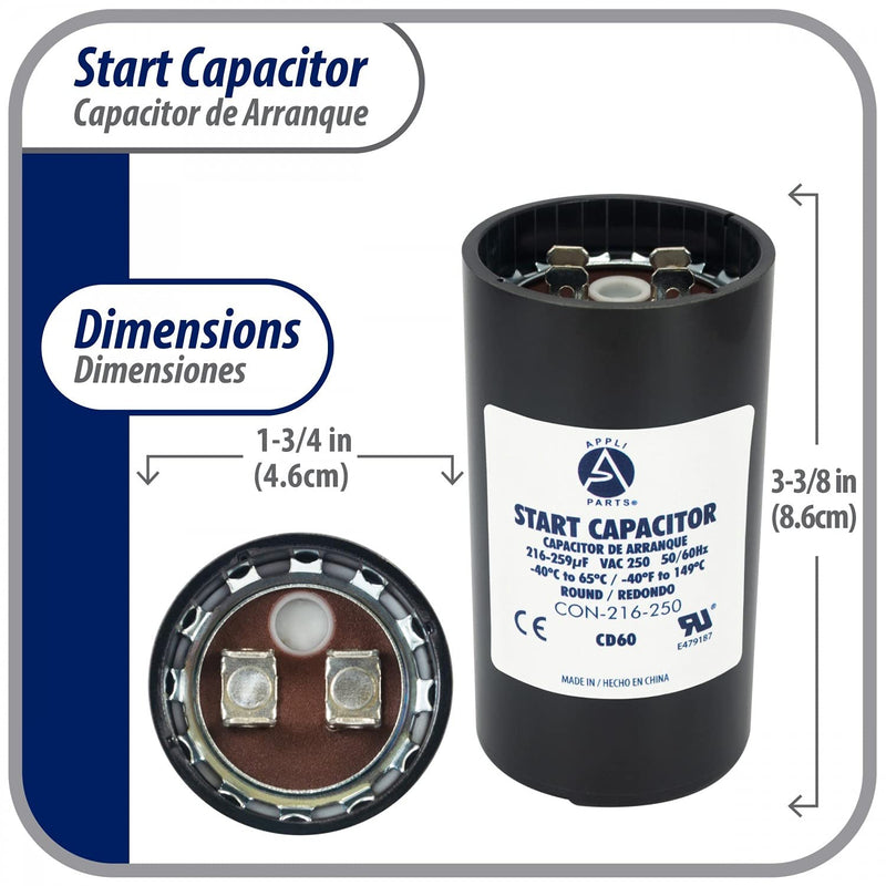 [Australia - AusPower] - Appli Parts motor start capacitor 216-259 Mfd (microfarads) uF 250VAC universal fit for electric motor applications 1-3/4 in Wide 3-3/8 in Height CON-216-250 250 Vac 
