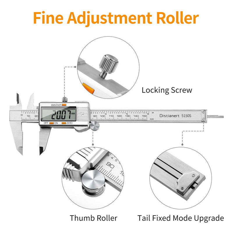 [Australia - AusPower] - RAGU Digital Caliper Stainless Steel 6 inch, Electronic Vernier Caliper Measuring Tool with Large LCD Display Gauge, Inch/Metric Conversion, 20 cm Steel Ruler and Glove for Household Measuring Tool 