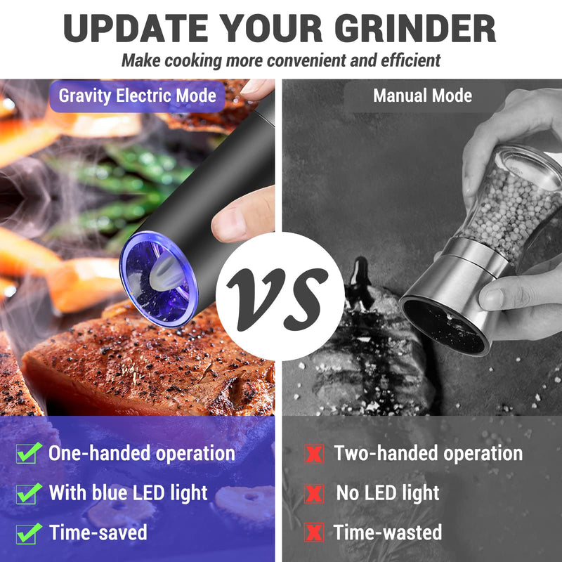 [Australia - AusPower] - MOVNO Gravity Electric Salt and Pepper Grinder Set of 2 with Blue LED Light, Battery Powered Pepper Automatic Mill Grinder with a Brush, Adjustable Coarseness, One Hand Operation, Black 2 pack 