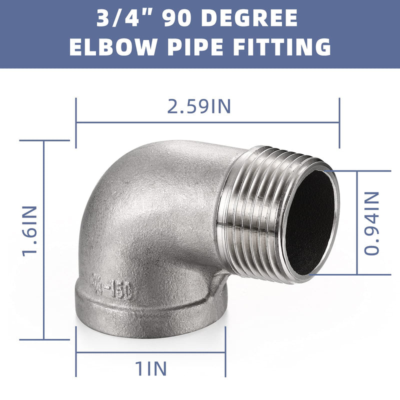 [Australia - AusPower] - 2Pcs 304 Stainless Steel 90 Degree Elbow 3/4inch NPT Threaded Pipe Fitting Female x Male,Cast Pipe Fittings with 2 Tape 