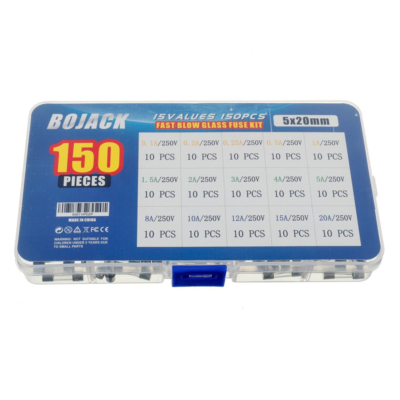 [Australia - AusPower] - BOJACK 15 Values 150 pcs Fast Blow Glass Fuses Assortment Kit 5x20 mm 250 V 0.1 0.2 0.25 0.5 1 1.5 2 3 4 5 8 10 12 15 20 A packag in a Clear Plastic Box Original version 