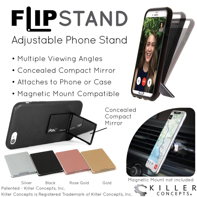[Australia - AusPower] - Flip Stand (aka Piggy Pro) Adjustable Phone Stand & Grip with Compact Mirror, Compatible with Magnet Car Mount (Black) Black 