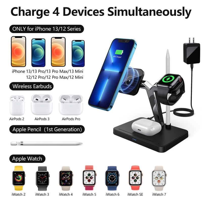 [Australia - AusPower] - Wireless Charger, 4 in 1 Magnetic Wireless Charging Station with QC3.0 Adapter Compatible with iPhone 13, 12, Pro, Pro Max, Mini, iWatch 7/SE/6/5/4/3/2, Airpods 3/2/Pro, Pencil(1st Gen) 