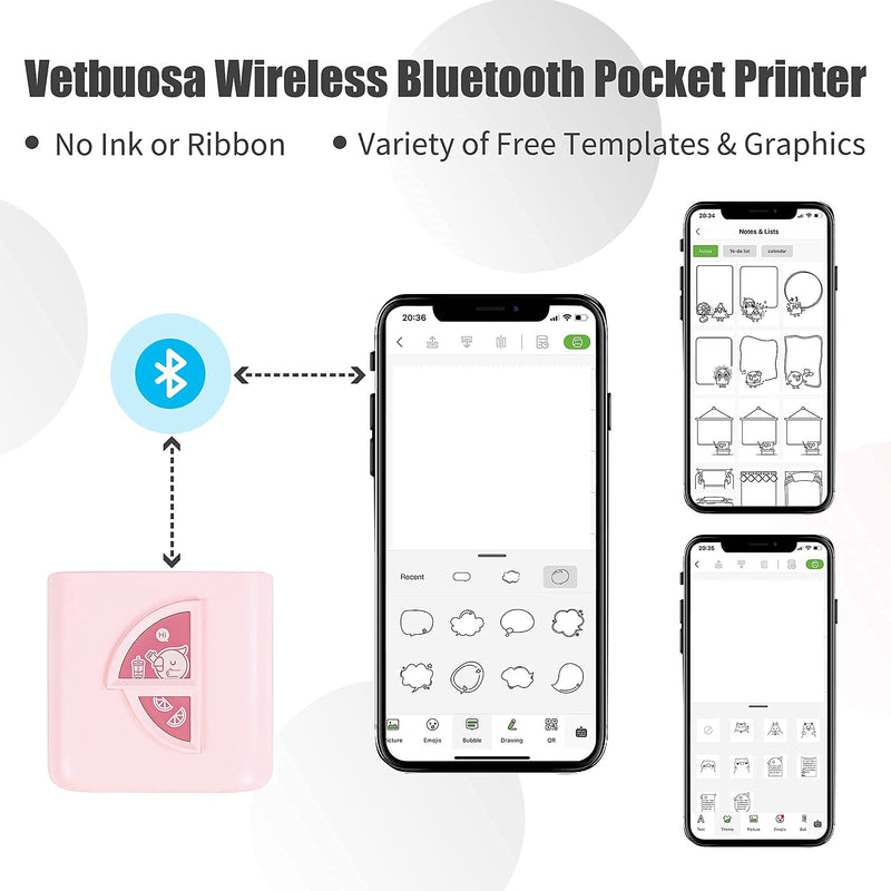 [Australia - AusPower] - Vetbuosa Pocket Printer, Mini Bluetooth Portable Printer Thermal Photo Printer Compatible with iOS & Android for Fun, Journal, Label, DIY Graphic, Black and White Picture - Lucky Pink 