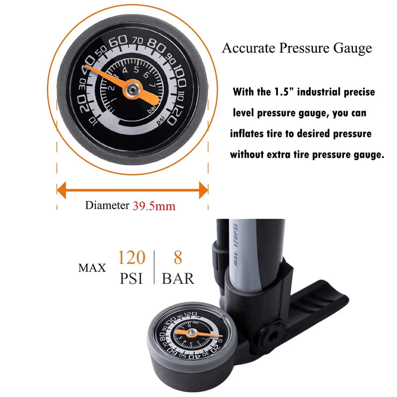 [Australia - AusPower] - Mini Bike Pump with Gauge - Portable Bicycle Tire Pump - 120 PSI Bike Air Pump fits Presta & Schrader & Dunlop Valve - Road MTB Bike Pump Comes with Mounting Bracket (Black Grey) 