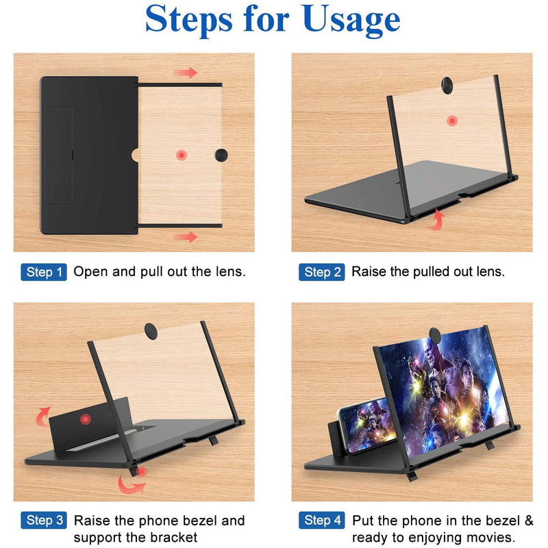 [Australia - AusPower] - 16" Screen Magnifier for Cell Phone – 3D HD Magnifing Screen Enlarger Projector for Movies Videos and Gaming – Foldable Phone Stand Holder with Screen Amplifier–Compatible with All Smartphones Black-16'' 