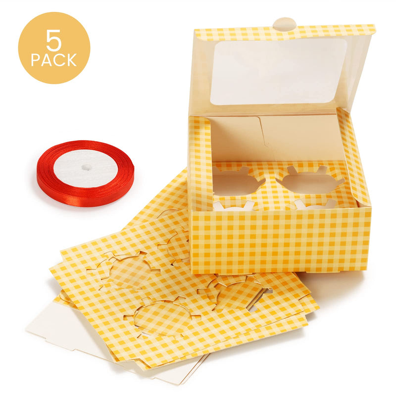 [Australia - AusPower] - Cupcake Boxes Bulk 5 Packs , Disposable Cupcakes Container Hold 4 Standard Bakery, Pastry, Cookie ,Muffins,Gift Treat Cake Boxes with Window , Red Ribbon 6 x 6 x 2.7" 