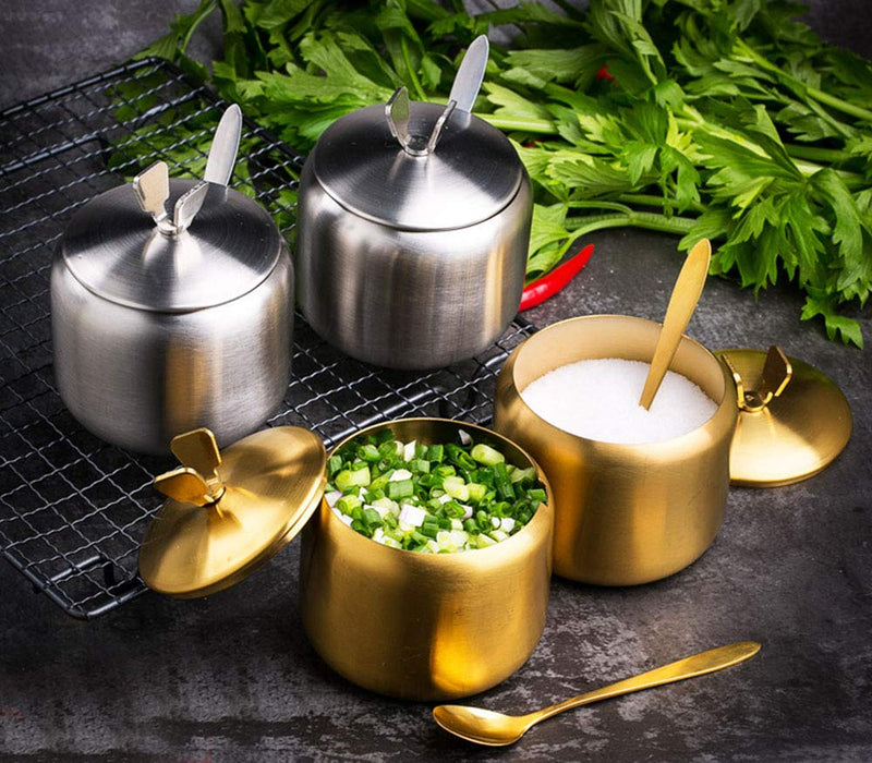 [Australia - AusPower] - Stainless Steel Sugar Bowl Spice Jar Storage Seasoning Pot with Lid Spoon Gold 