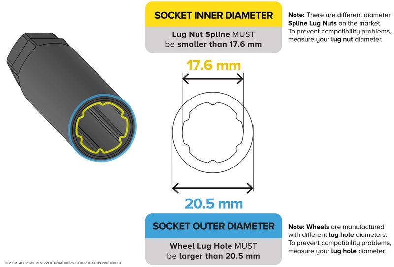 [Australia - AusPower] - 6 Point Spline Drive Tuner Socket Key Tool for Six-Spline Wheel Lock Lug Nuts - 17.6mm Inner Diameter - Compatible with 19mm (3/4) and 21mm (13/16) Replacement Hex Socket - Black 1pc 