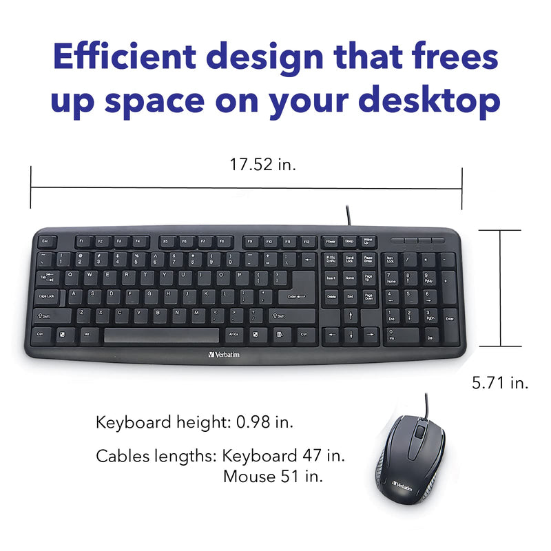 [Australia - AusPower] - Verbatim Slimline Wired Keyboard and Mouse Combo, Optical Wired Mouse, Full-Size Keyboard, USB Plug-and-Play, Compatible with PC, Laptop - Frustration Free Packaging Black Wired Keyboard & Mouse 