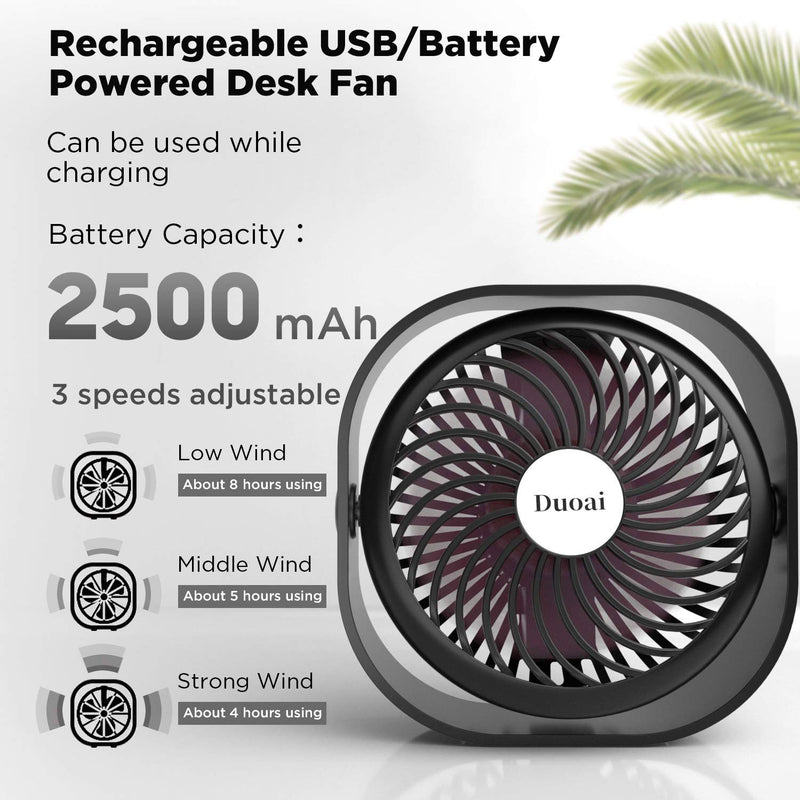 [Australia - AusPower] - Mini USB Desk Fan Battery Operated, Duoai 2500mAh Desktop Rechargeable Small Quiet Personal Fans Portable with 360°Rotation 3 Speeds for Office Home Library Dorm Bedroom Car Outdoor Travel, Black 