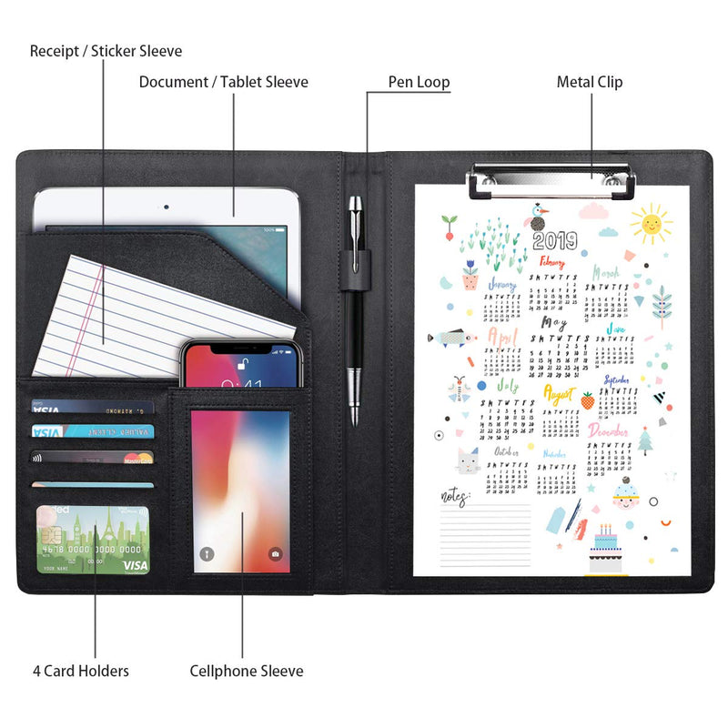 [Australia - AusPower] - WAVEYU Portfolio Case, Business Portfolio Folder, Padfolio Cover, Conference/Resume/Legal Document Organizer with Letter/A4 Size Clipboard Hardboard, Business Card Holders, Document Sleeve, Black 