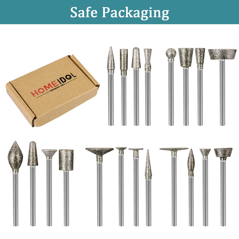 [Australia - AusPower] - Stone Carving Set Diamond Burr Bits Compatible with Dremel, 20PCS Polishing Kits Rotary Tools Accessories with 1/8 Shank For Carving, Engraving, Grinding, Stone, Rocks, Jewelry, Glass, Ceramics 4-16mm burr head 1/8'' shank 