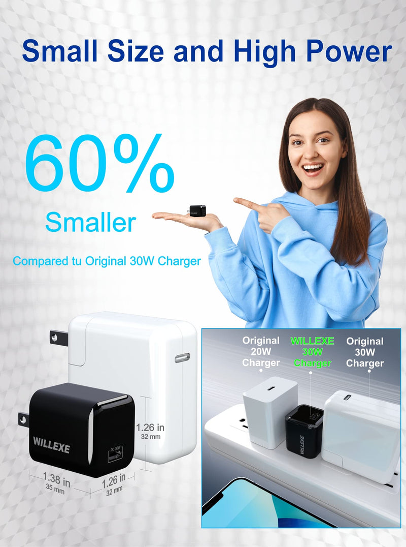 [Australia - AusPower] - Willexe USB C Charger Block - 30w Type C Charger Adapter - 1 Port GaN Charger PD - Fast Charging Blocks for iPhone X/12/13/Pro/Max, MacBook Air/Pro, Galaxy S21/S20, iPad/iPad Pro, Android Phones 