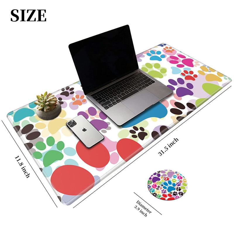 [Australia - AusPower] - Desk Pad, Dog Pawprint Multicolor Laptop Desk Mat,Long Large Gaming Mouse Pad with Stitched Edges Non-Slip Writing Mat Desk Blotter Protector for Office Home (with Coaster & Elephant Sticker) 