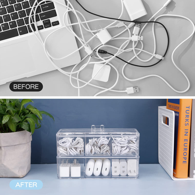 [Australia - AusPower] - Yesesion Plastic Cable Management Boxes Set with Lid and 20 Wire Ties, Clear Power Cord Case with 3 Compartments, Electronics Organizer Desk Drawer Accessories Storage for Office Supply (2 Pack) Type I-2 PACK 