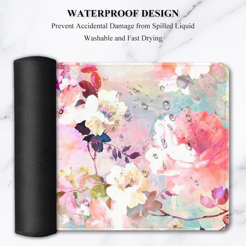 [Australia - AusPower] - Auhoahsil Desk Pad, XXL Large Mouse Extended Gaming Mousepad, Cute Mat for Women, Big Office Accessories Pad Computer Keyboard and Laptop, 35.5 x 15.7 Inch, Pretty Pink Flowers, Girly Flowers Girly Pink Flowers 