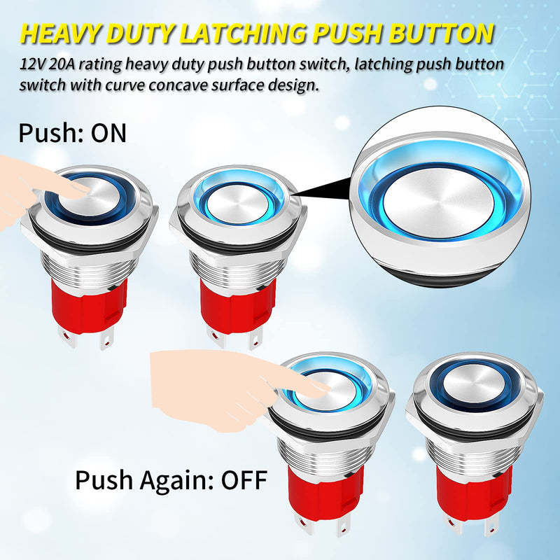 [Australia - AusPower] - Joinfworld Latching Push Button Switch 12V 20A Heavy Duty DC 12 Volt Waterproof Round Switch 19MM Metal Blue LED Ring Illuminated ON/Off Weatherproof with Wire for Marine Boat Car Truck 