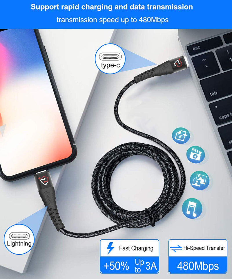 [Australia - AusPower] - [MFi-Certified] Lightning to USB-C Cable 10 Ft. Long 18W Ultra-Fast Charging 480 Mbps Data Transfer Cable (Black and Grey) Black 