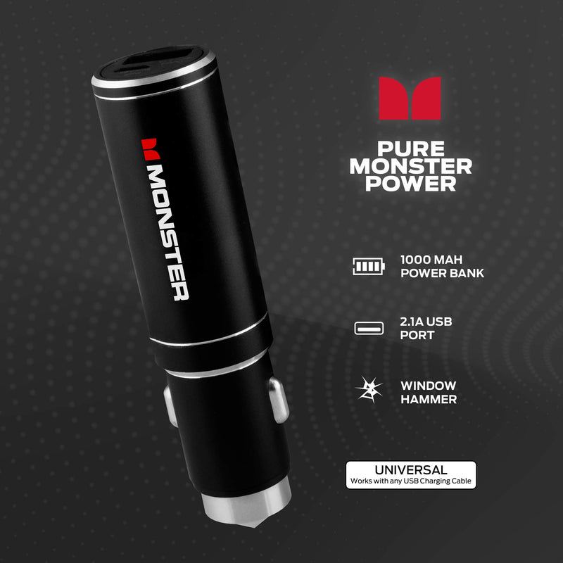 [Australia - AusPower] - MONSTER 3-in-1 Car Charger /2.1A USB Port/,1000 MAH Power Bank, Window Hammer, Black 