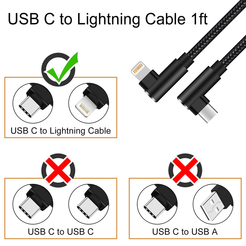 [Australia - AusPower] - USB C to Lightning Cable 1ft MFi Certified 3 Pack Right Angle iPhone Charger 90 Degree Nylon Braided Lightning to USB C Fast Charging Cable for iPhone 13 12 11 Pro X XS XR 8 Plus 7 6 5 (Black) Black 