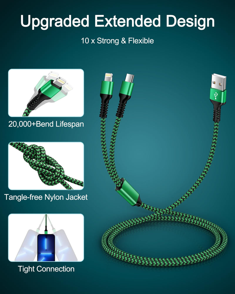 [Australia - AusPower] - [2-in-1|4FT] USB to Lightning & Type C Charging Cable, 2Pack Braided Multiple Charger Cord Fast Charging Wire for iPhone 14/13/12/11 Pro Max, X/XR/XS/8 Plus, iPad Air/Mini, Samsung Galaxy, Pixel, LG Green, Pink 