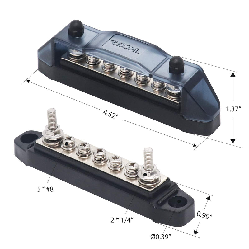 [Australia - AusPower] - RECOIL BBS25P Bus Bar 2 x 1/4” Studs and 5 Screw Terminals Power Distribution Block with Ring Terminals Pair Red & Black Red & Black 2xM5 Studs 5 Screws Pair 