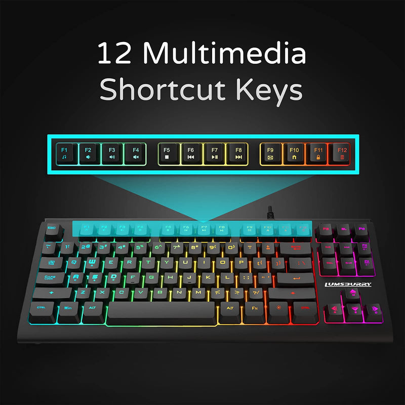 [Australia - AusPower] - Rainbow LED Backlit 87 Keys Gaming Keyboard, Compact Keyboard with 12 Multimedia Shortcut Keys USB Wired Keyboard for PC Gamers Office 