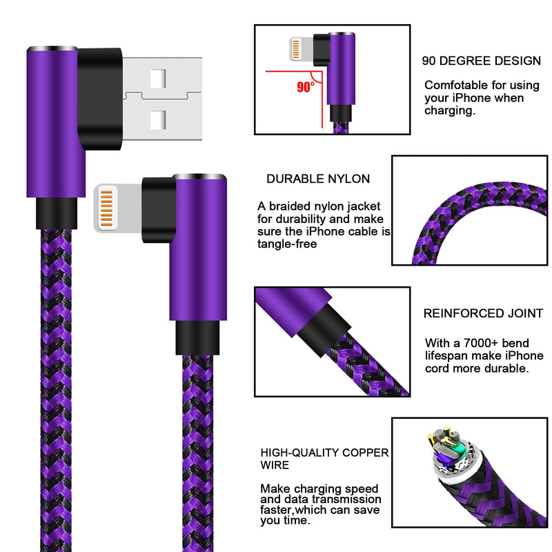[Australia - AusPower] - iPhone Charger 10 ft MFi Certified 3 Pack Right Angle Lightning Cable Nylon Braided 90 Degree iPhone Cable Cable for iPhone 13 12 11 Pro X XS XR 8 Plus 7 6 5(Purple Black, 10 Foot) Purple Black 