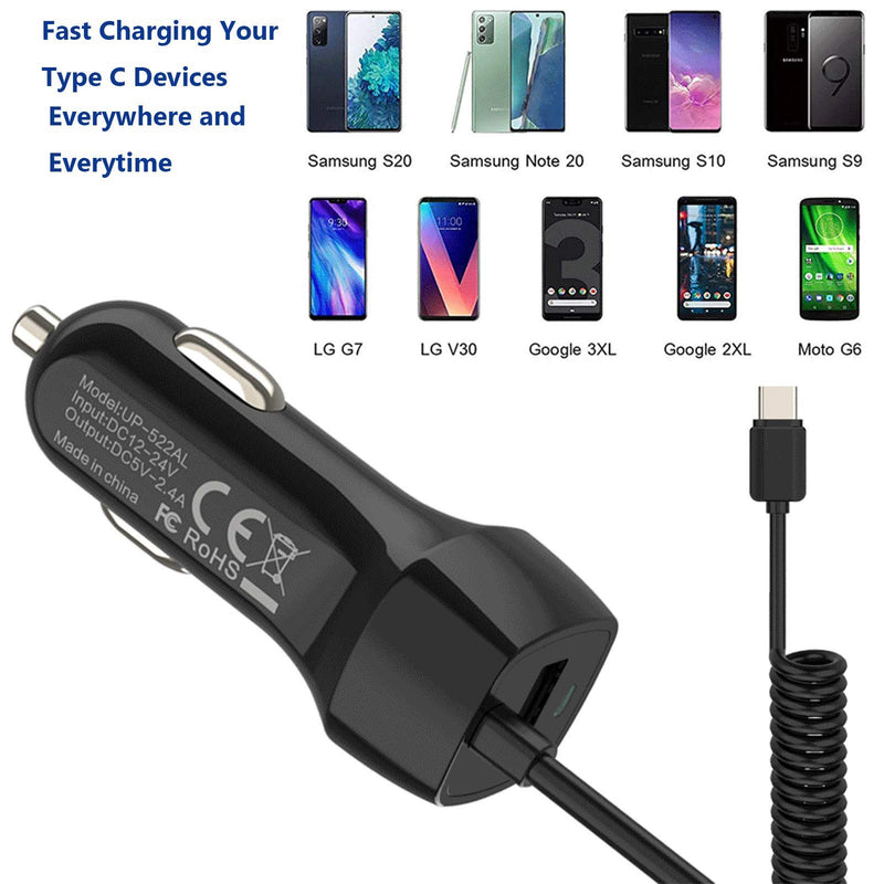 [Australia - AusPower] - 2Pack 2.4A Fast Charging USB C Car Charger Adapter with 3ft Type C Coiled Cable for Samsung Galaxy S20 FE S20 Plus Ultra S10 Lite S10e S9 S8+ A01 A10E A11 A20 A21 A30S A50 A51 5G A71, LG Stylo 6 5 4 
