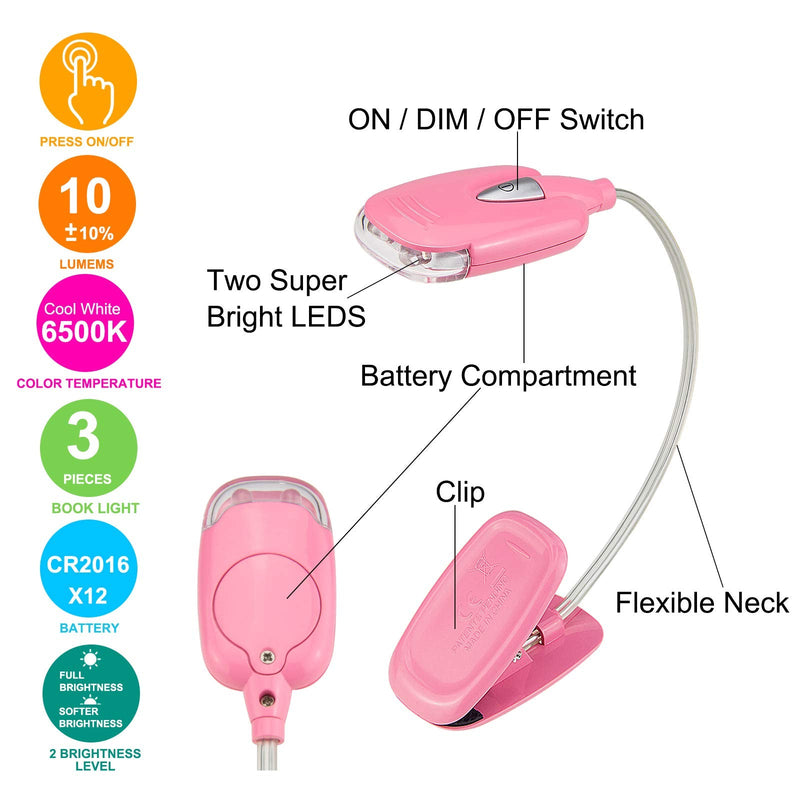 [Australia - AusPower] - BIGMONAT Book Reading Light for Kids 3Pack, Battery(12pcs Included) Operated Small Reading Light in Bed,Clip on Reading Lamp with Brightness Dimmable 