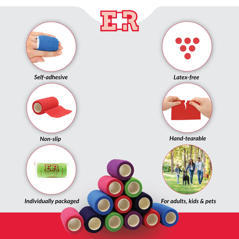[Australia - AusPower] - Ever Ready First Aid Self Adherent Cohesive Bandages 4" x 5 Yards - 12 Count, Rainbow Colors 