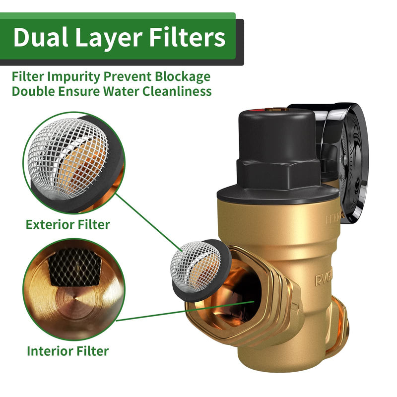 [Australia - AusPower] - RVGUARD RV Water Pressure Regulator Valve, Brass Lead-Free Adjustable Water Pressure Reducer with Gauge and Inlet Screen Filter for RV Camper Travel Trailer 