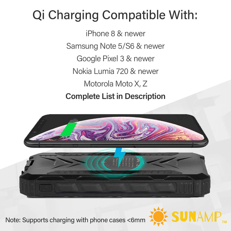 [Australia - AusPower] - New Qi Wireless Solar Power Bank | Solar Charger with USB Type C Quick Charge | 20,000mAh | LED Flashlight | IP54 Rainproof Shockproof Dustproof for Travel and Outdoors | 4 Ports (Black) from SunAmp Black 