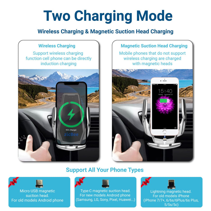 [Australia - AusPower] - Wireless Car Charger-15W Qi Fast Charging Mount Windshield Dashboard Air Vent Phone Holder for iPhone 13/12/11/Mini/Pro/Pro Max/XR/X/Xs/XSmax/SE/8 Plus/8, Samsung S22/S21/S20/Ultra/Plus/Note10/9/8/LG Silver 
